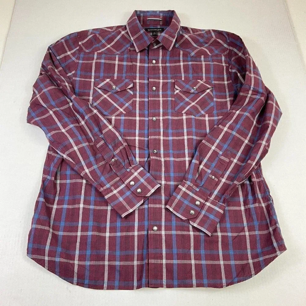 Banana Republic Mens Western Snap Button Shirt Plaid Long Sleeve Pockets Top XL